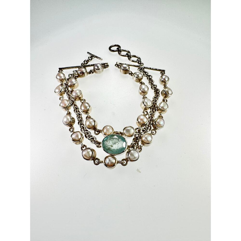 Aquamarine Pearl Sterling Handmade Chain Multi Strand Bracelet 925 Silver - Picture 5 of 5